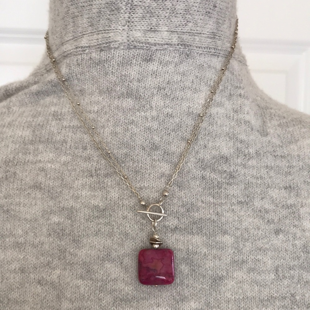 Sterling silver double chain toggle necklace with rose quartz